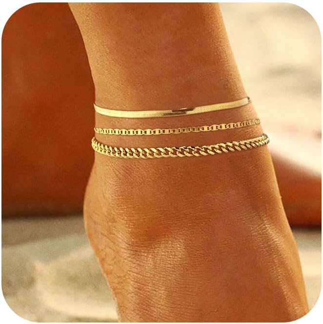 MFRYK Gold Ankle Bracelets for women,14k Gold/Silver Plated Waterproof Layered lightweight Cuban Link Figaro Chain Heart anklet butterfly anklet Pearl Ankle Bracelets Set Gold Anklets for women Trendy Jewelry Gift for Women - Image 1